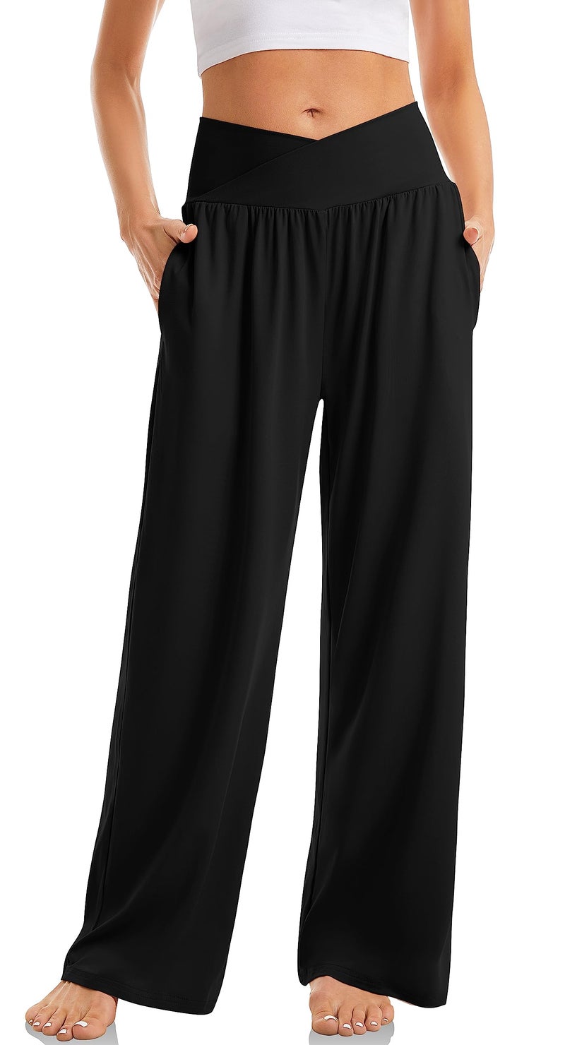 TARSE Womens Plus Size Pants Elastic Waist Yoga Pants Comfy Lounge Pajama Flowy Pants Pockets Sweatpants(Black,3XL XXXL) - Image 1