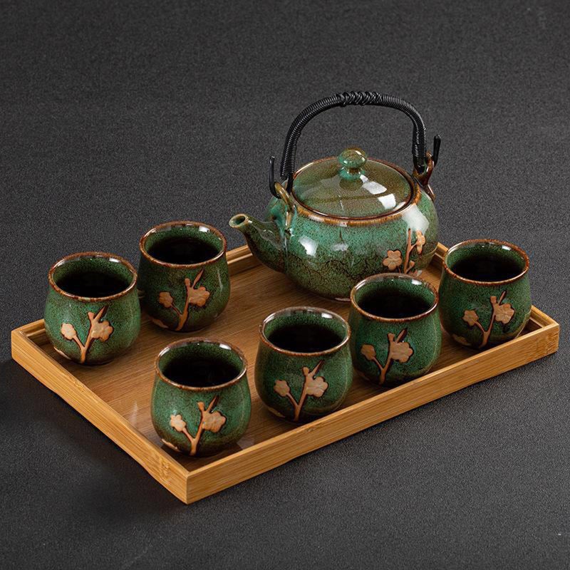KEYDUACU Japanese Tea Set, Kiln-Formed Ceramic Tea Set, Plum Blossom Embossed, Includes 1 Teapot, 6 Teacups,Tea Tray,Strainer, Used for home, outdoor, gift, Chinese Kung Fu Tea Set(FDMH-GREEN) - Image 2