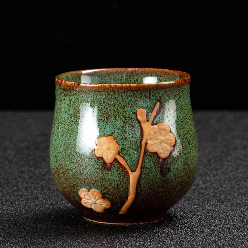 KEYDUACU Japanese Tea Set, Kiln-Formed Ceramic Tea Set, Plum Blossom Embossed, Includes 1 Teapot, 6 Teacups,Tea Tray,Strainer, Used for home, outdoor, gift, Chinese Kung Fu Tea Set(FDMH-GREEN) - Image 5