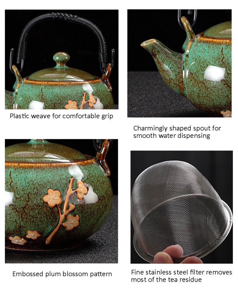 KEYDUACU Japanese Tea Set, Kiln-Formed Ceramic Tea Set, Plum Blossom Embossed, Includes 1 Teapot, 6 Teacups,Tea Tray,Strainer, Used for home, outdoor, gift, Chinese Kung Fu Tea Set(FDMH-GREEN) - Image 4