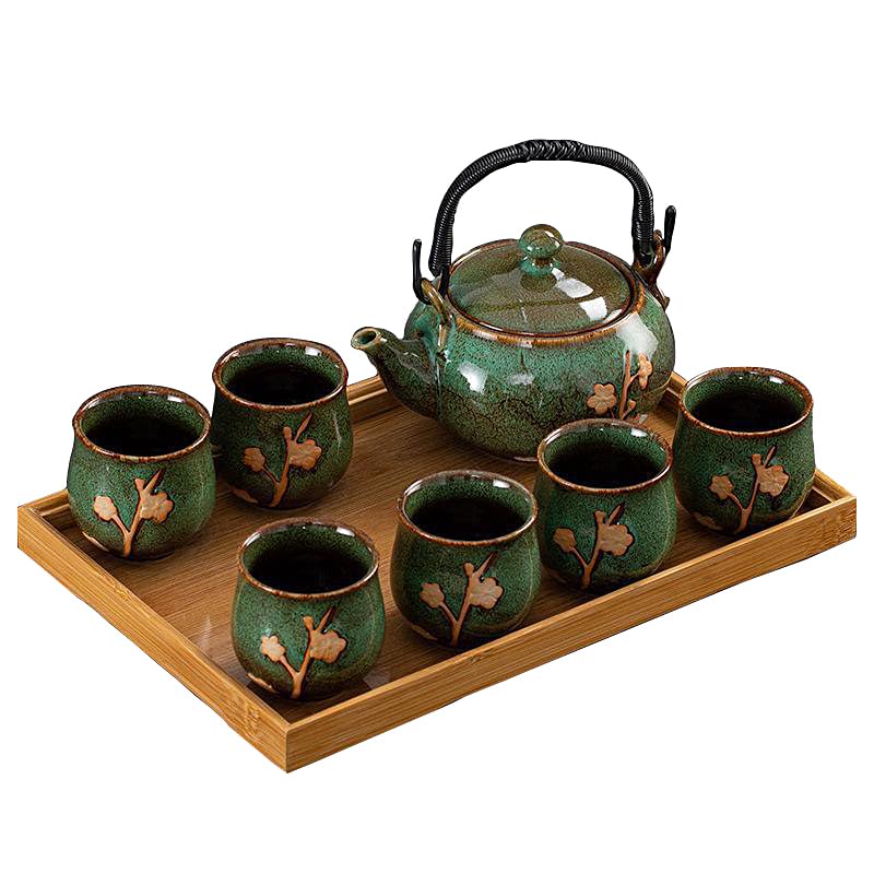 KEYDUACU Japanese Tea Set, Kiln-Formed Ceramic Tea Set, Plum Blossom Embossed, Includes 1 Teapot, 6 Teacups,Tea Tray,Strainer, Used for home, outdoor, gift, Chinese Kung Fu Tea Set(FDMH-GREEN) - Image 1