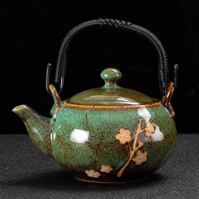 KEYDUACU Japanese Tea Set, Kiln-Formed Ceramic Tea Set, Plum Blossom Embossed, Includes 1 Teapot, 6 Teacups,Tea Tray,Strainer, Used for home, outdoor, gift, Chinese Kung Fu Tea Set(FDMH-GREEN) - Image 3