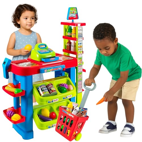 OLEOCA Supermarket Playset for Kids Grocery Store Pretend Play with Toy Shopping Cart Cash Register Scanner Play Food Accessories Fun Gift for Ages 3 - Image 1