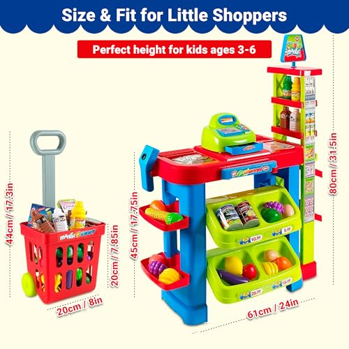 OLEOCA Supermarket Playset for Kids Grocery Store Pretend Play with Toy Shopping Cart Cash Register Scanner Play Food Accessories Fun Gift for Ages 3 - Image 5