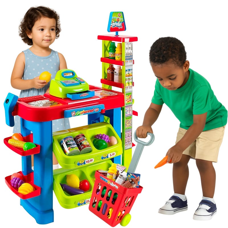 OLEOCA Supermarket Playset for Kids Grocery Store Pretend Play with Toy Shopping Cart Cash Register Scanner Play Food Accessories Fun Gift for Ages 3 - Image 3