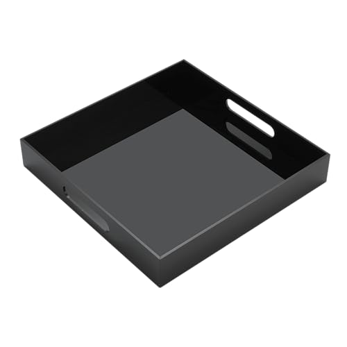 KEVJES Glossy Black Acrylic Serving Tray with HandlesButler Trays for Coffee Table SnacksBreakfast in Bed Kitchen CountertopVanityMakeup OrganizerOttoman Black 12x12 Inches - Image 1