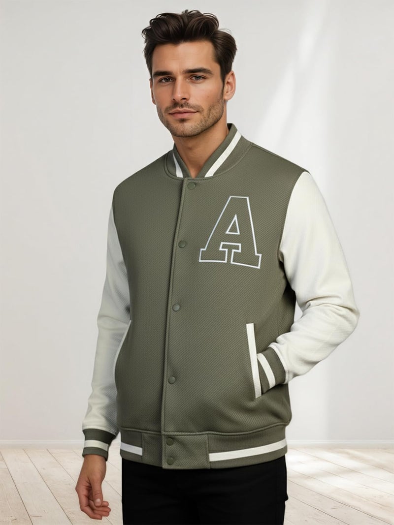 CHKOKKO Men’s Regular Varsity Jacket with Snap Button Closure and Patch Design Trendy Comfortable Outerwear for College Travel and Casual Wear Olive Cream XXL - Image 5