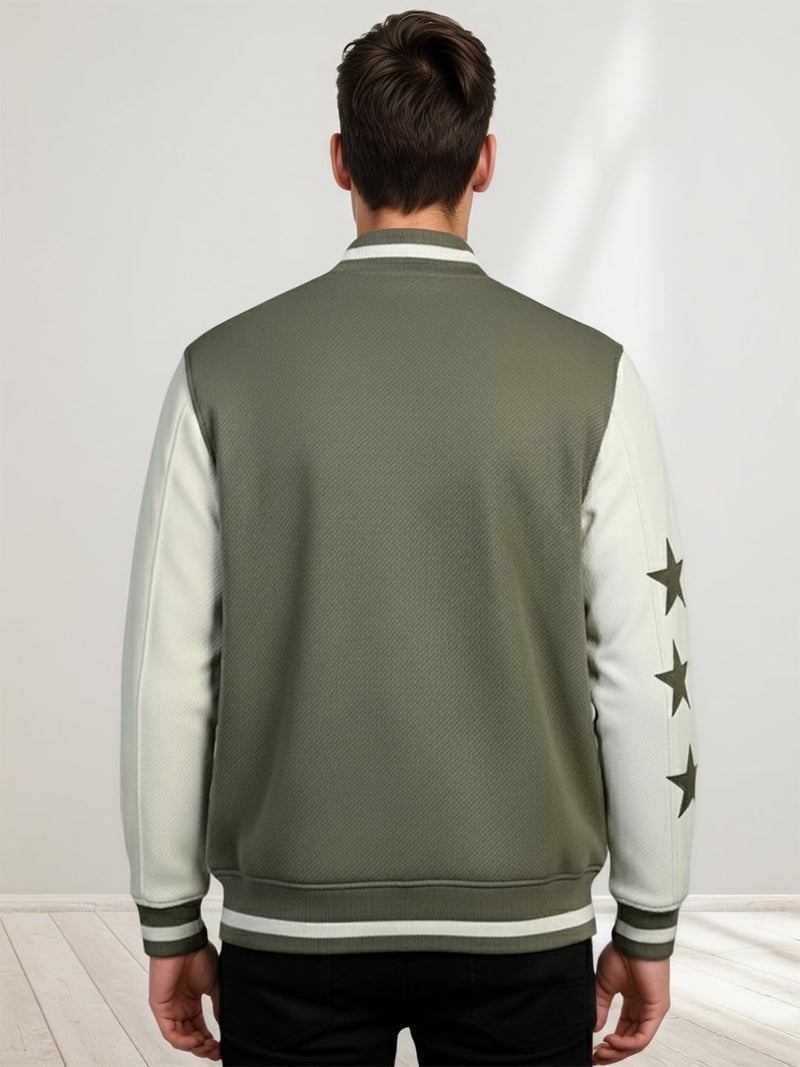 CHKOKKO Men’s Regular Varsity Jacket with Snap Button Closure and Patch Design Trendy Comfortable Outerwear for College Travel and Casual Wear Olive Cream XXL - Image 3