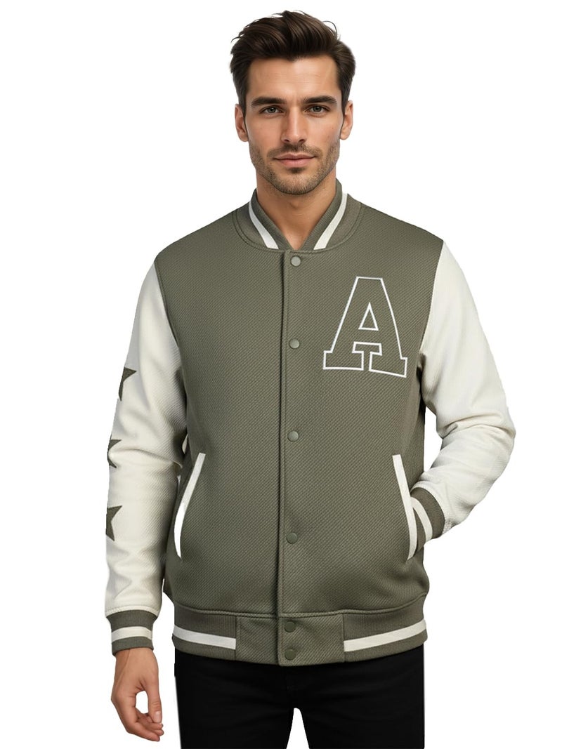 CHKOKKO Men’s Regular Varsity Jacket with Snap Button Closure and Patch Design Trendy Comfortable Outerwear for College Travel and Casual Wear Olive Cream XXL - Image 2