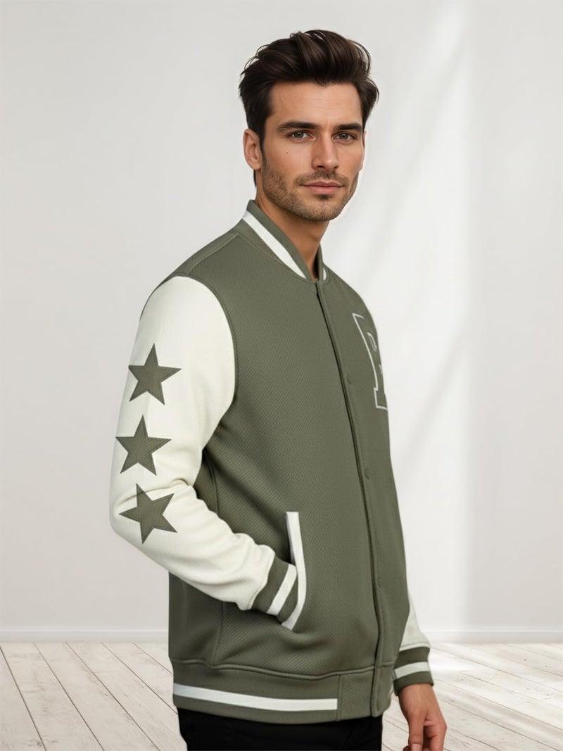 CHKOKKO Men’s Regular Varsity Jacket with Snap Button Closure and Patch Design Trendy Comfortable Outerwear for College Travel and Casual Wear Olive Cream XXL - Image 4