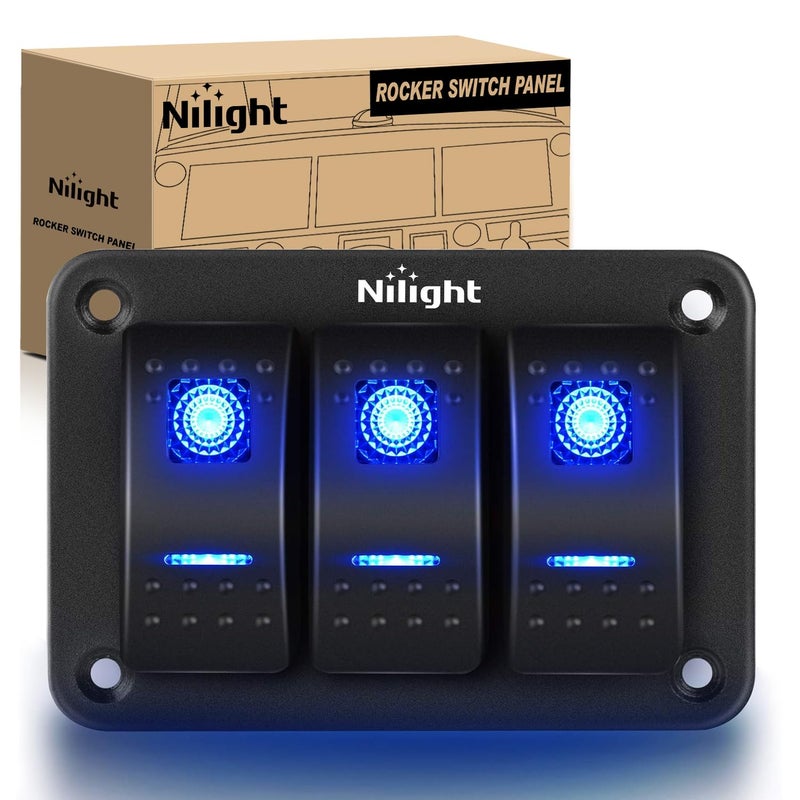 Nilight Nilight 90017C 3 Gang Aluminum Panel Toggle Dash 5 Pin On/Off Pre-Wired Rocker Switch Holder for Automotive Car Marine Boat, 2 Years Warranty,Blue  - Image 1