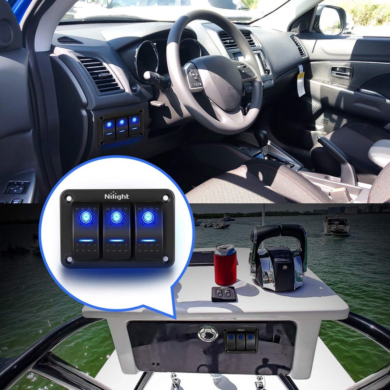Nilight Nilight 90017C 3 Gang Aluminum Panel Toggle Dash 5 Pin On/Off Pre-Wired Rocker Switch Holder for Automotive Car Marine Boat, 2 Years Warranty,Blue  - Image 2