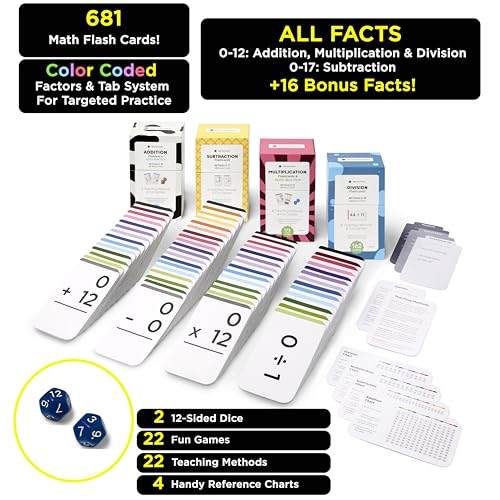 Think Tank Scholar 681 Math Flash Cards & Dice – Learn Addition, Subtraction, Multiplication & Division Facts 0–12, Color-Coded with Games, Charts & Sorting Tabs, Grades K–6 – Jumbo Size (5.2” x 3.1”) - Image 3