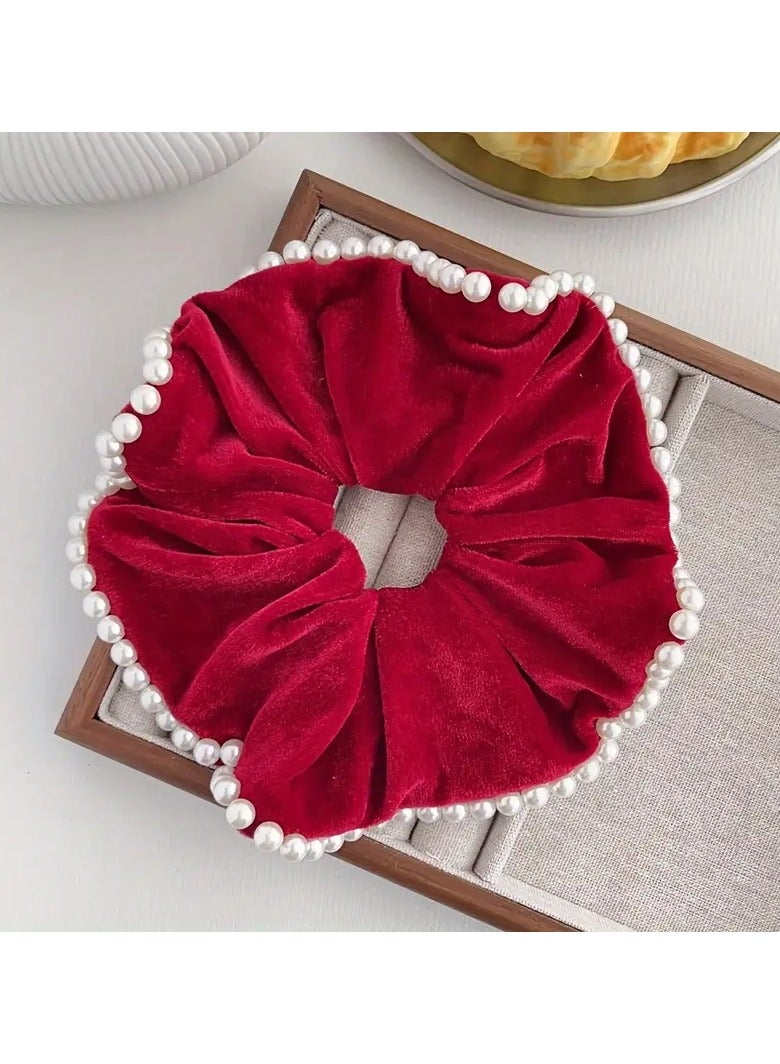 Goolsky 1pc High-Grade Velvet Full Circle Pearl Large Intestine Hair Ring Retro Large Hair Rope Lady Temperament Hair Ring Ponytail Hair Accessories Female - Image 2