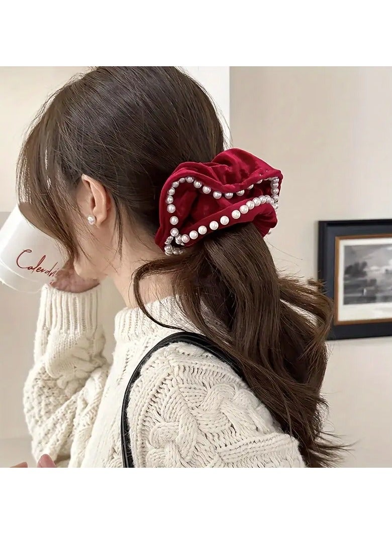 Goolsky 1pc High-Grade Velvet Full Circle Pearl Large Intestine Hair Ring Retro Large Hair Rope Lady Temperament Hair Ring Ponytail Hair Accessories Female - Image 3