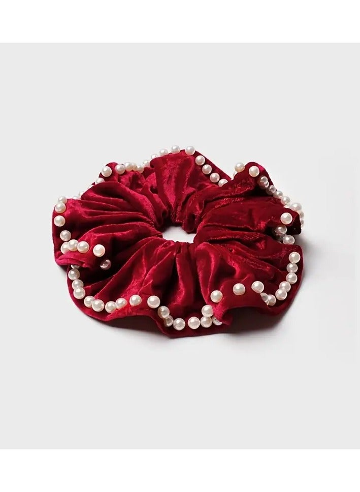 Goolsky 1pc High-Grade Velvet Full Circle Pearl Large Intestine Hair Ring Retro Large Hair Rope Lady Temperament Hair Ring Ponytail Hair Accessories Female - Image 4