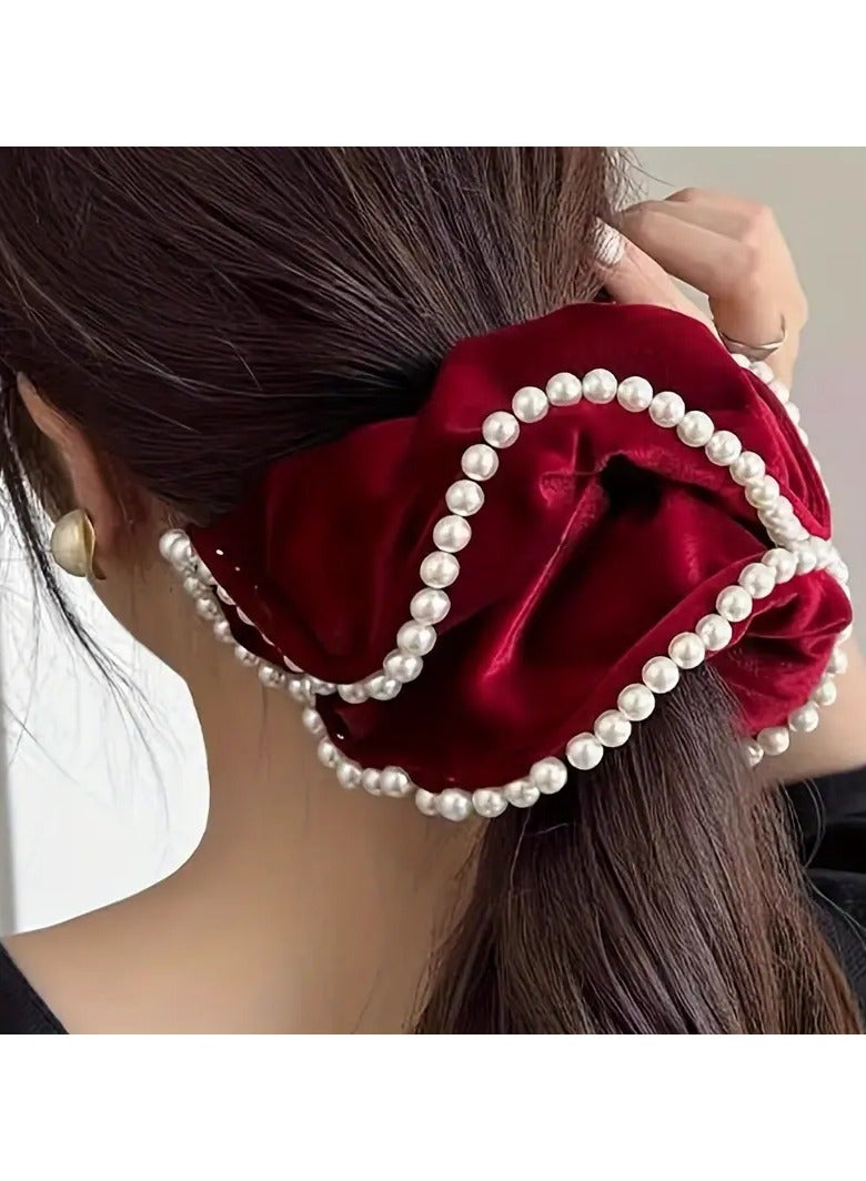 Goolsky 1pc High-Grade Velvet Full Circle Pearl Large Intestine Hair Ring Retro Large Hair Rope Lady Temperament Hair Ring Ponytail Hair Accessories Female - Image 5
