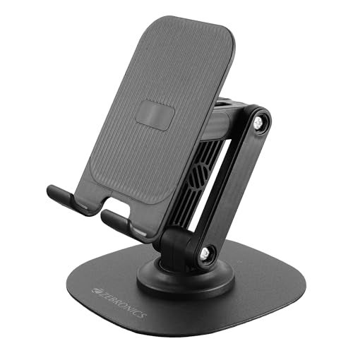 ZEBRONICS MTS200, Foldable Mobile Holder, Upto 9.6 inches, 360° Rotatable, Stepless Multi Angle Adjustment, Anti-Skid Base & Resting pad, Lightweight & Handy, Compatible with Mobile & Tablet (Black) - Image 1