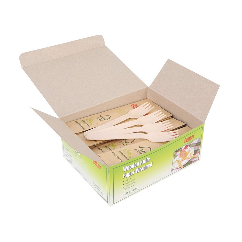 Gmark Disposable Wooden Forks Paper Wrapped | Pack of 100-6.5"" Forks | 100% All-Natural  Eco-Friendly  Biodegradable  and Compostable 100 ct Individually Wrapped in Box GM1026 - Image 1