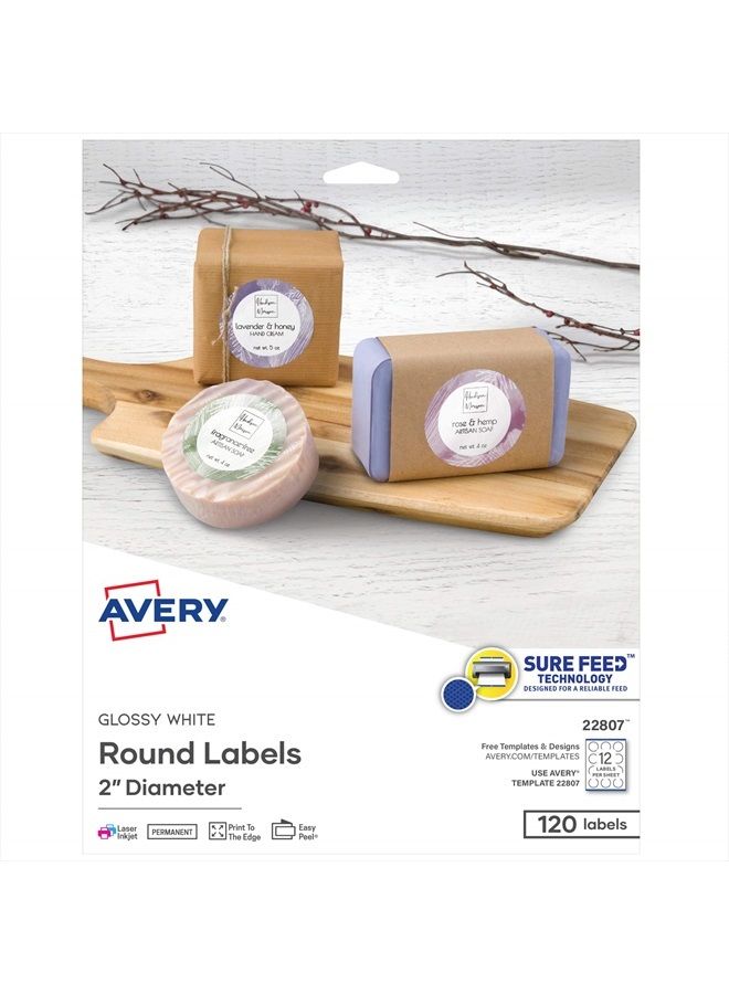Avery 2" Glossy White Round Labels, Sure Feed, Full Bleed --Print to the Edge, 120 Thank You Labels (22807) - Image 1