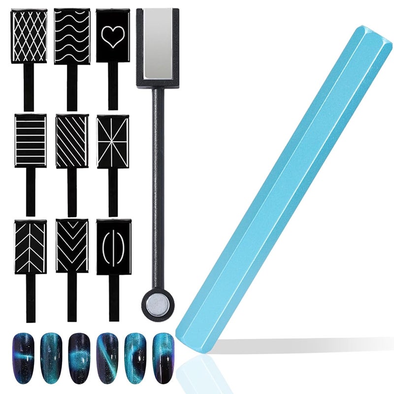 XEAOHESY 11 Pieces Cat Eye Magnet for Nails DoubleEnded Hexagon Strong Nail Magnet DoubleEnded Cat Eye Magnetic Stick 9 Stripe Nail Magnet Plates With Different Patterns Cat Eye Gel Polish Nail Art