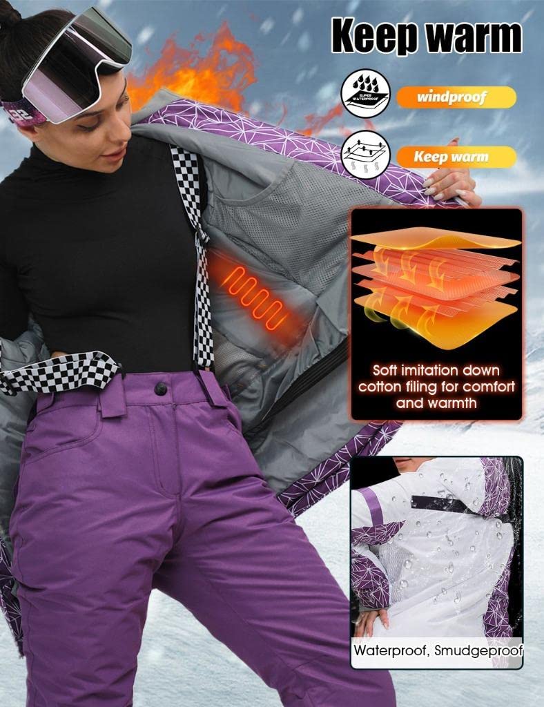 GS SNOWING Women's Ski Jackets and Pants Set Windproof Waterproof Insulated Snowsuit Winter Warm Snowboarding Snow Coat #002Purple+Purple L - Image 3