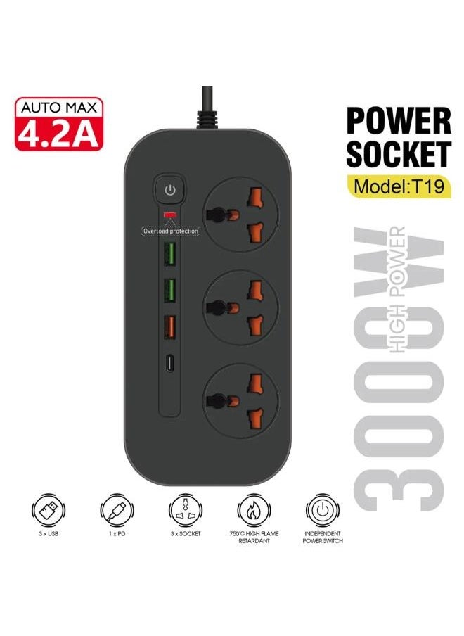 التنفيذية ذ.م.م سلك تمديد الطاقة مع 3 مقابس تيار متردد و3 منافذ USB ومنفذ واحد من النوع C (T19)  - Image 1