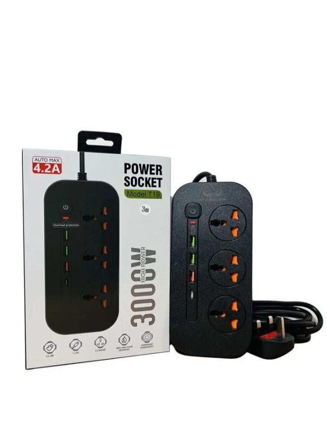 التنفيذية ذ.م.م سلك تمديد الطاقة مع 3 مقابس تيار متردد و3 منافذ USB ومنفذ واحد من النوع C (T19)  - Image 3