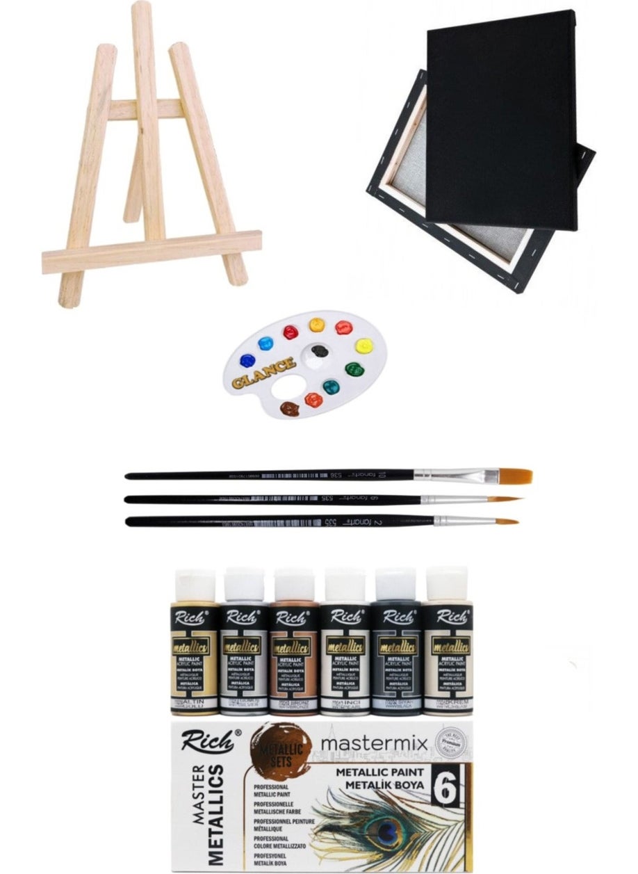 Glance Mini Easel Rich Master Mix 60CC Acrylic 6-Piece Metallic Color 25X35 Black Canvas Acrylic Starter Set 