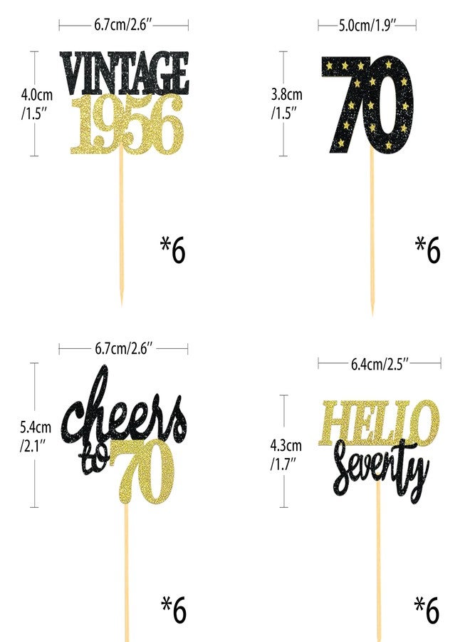 Moitkptt 24 Pcs Glitter 70th Birthday Cupcake Toppers for Celebrating 70th Birthday Party Decorations for Seventy Years Old Birthday Party Supplies (Black&Gold) - Image 3