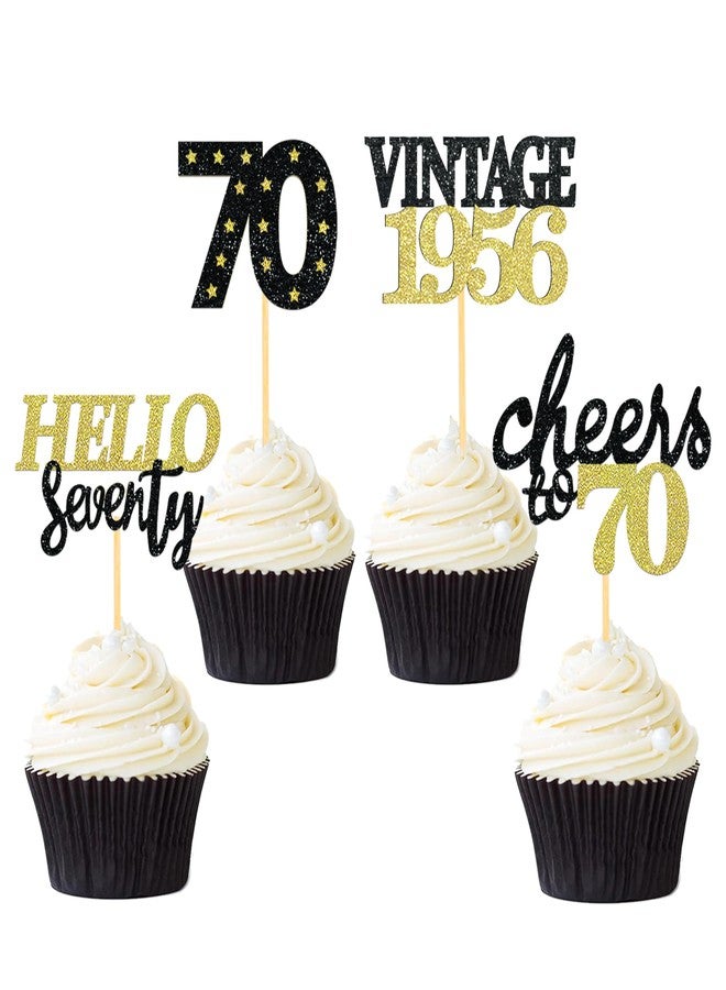 Moitkptt 24 Pcs Glitter 70th Birthday Cupcake Toppers for Celebrating 70th Birthday Party Decorations for Seventy Years Old Birthday Party Supplies (Black&Gold) - Image 2