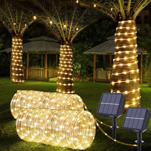 Jnaurb Solar Rope Lights, 2 Packs Total 132ft 400LED Solar String Lights, 8 Modes Waterproof Solar Powered Outdoor Light, Flexible Clear Tube Light for Garden Backyard Patio Deck Pool Tree Decor - Warm White - Image 1