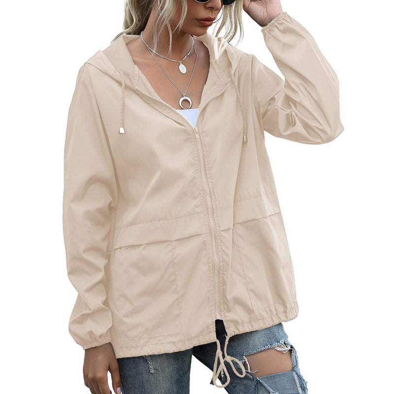 PESION Womens Windbreaker Waterproof Hooded Rain Jacket Lightweight Outdoor Fashionable Khaki Jacket Zip Coat Outerwear Raincoat with Pockets for Mountaineering Hiking Fish Travel Large