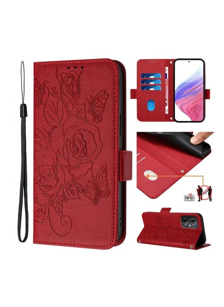 erorex Elegant Red Leather Wallet Case for Smartphones with RFID Protection Card Slots and Kickstand 