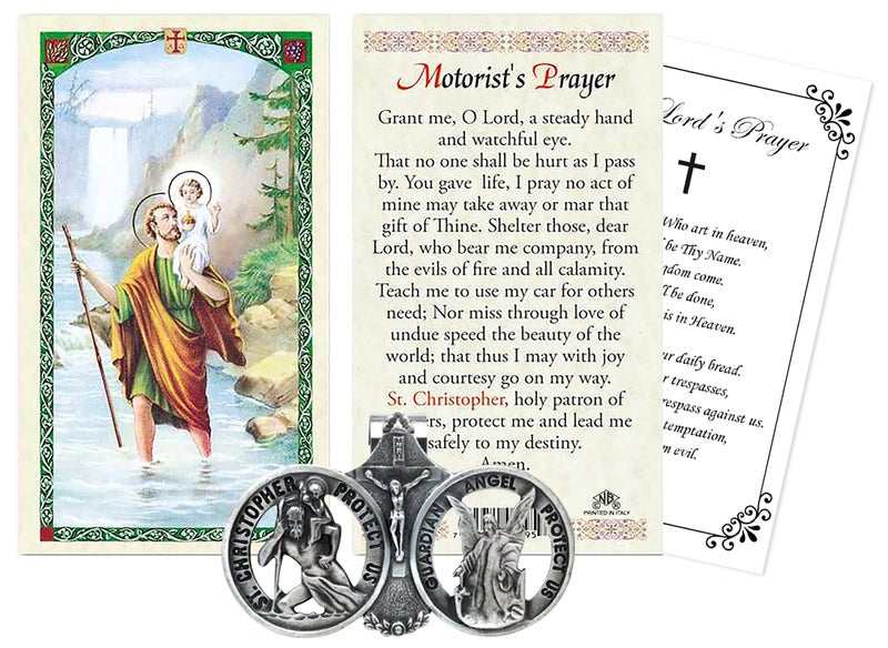 Trendzeen St Christopher Visor Clip Medal for Car - with Guardian Angel, Laminated Motorist's Prayer Card, The Lord's Prayer | Catholic Patron Saint of Travelers, Highway and Road Travel Themed Set, 3 Items - Image 1
