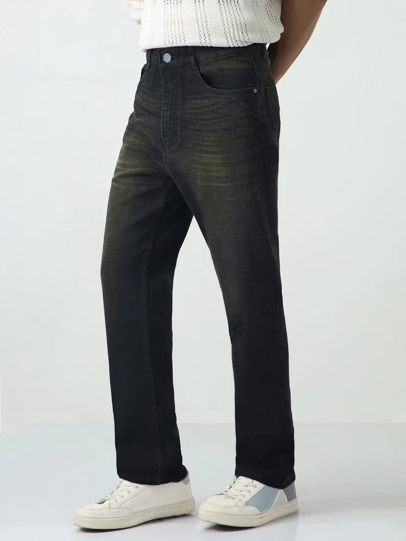 أوربانو فاشن Urbano Fashion Men's Black Straight Fit Heavy Washed Jeans Stretchable