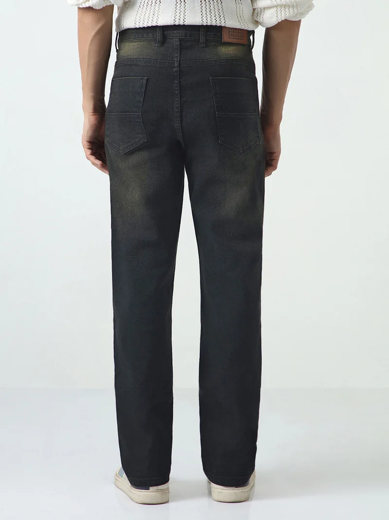 أوربانو فاشن Urbano Fashion Men's Black Straight Fit Heavy Washed Jeans Stretchable