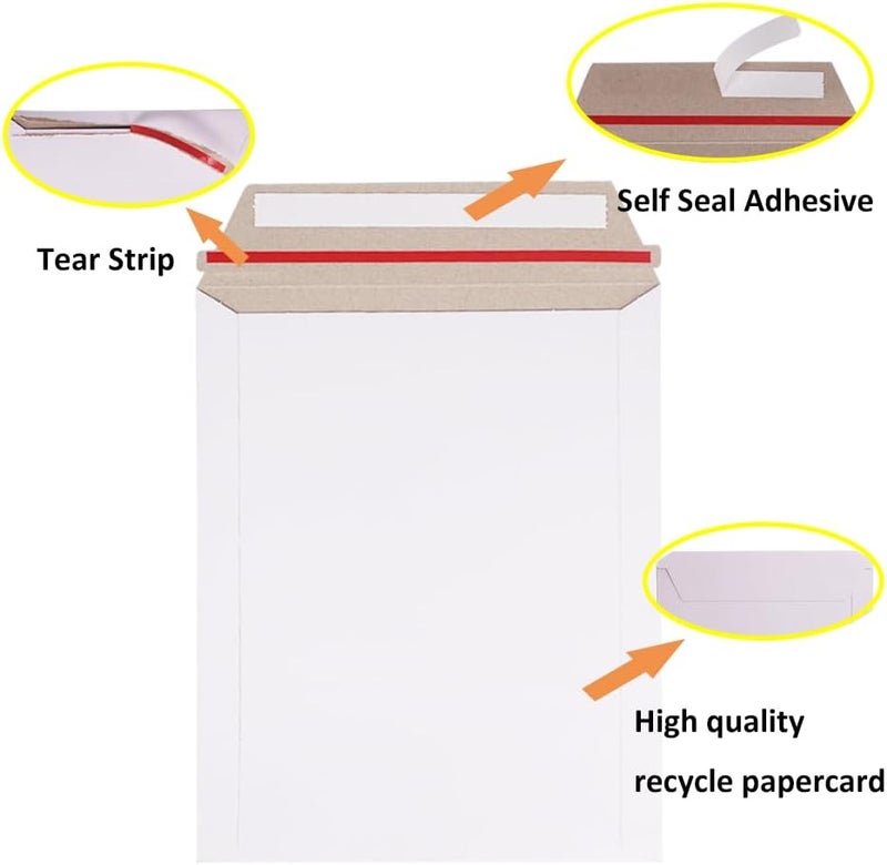 zmybcpack 100 Pack 7x9 inch Rigid Mailer Self Seal Photo Document Mailers, Stay Flat White Cardboard Shipping Envelopes White Photography Mailers for CD, Photos, Document - Image 3