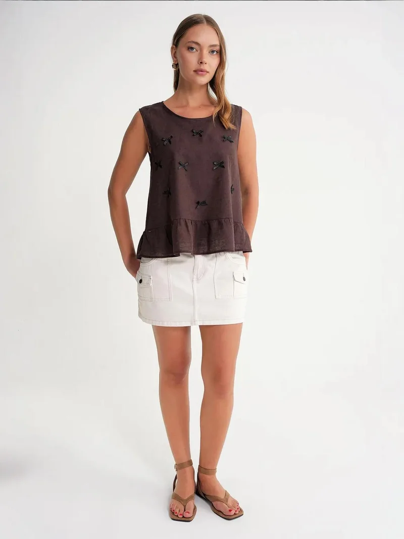 MixRay Mixray Crew Neck Blouse with Bow Detail