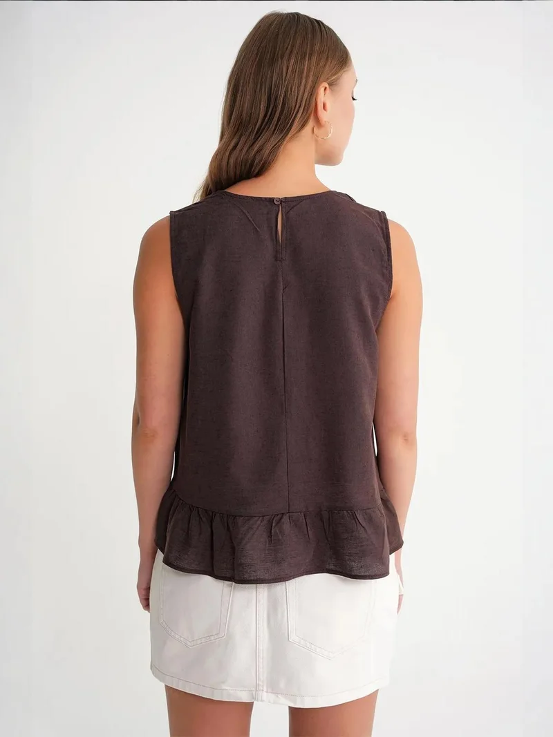 MixRay Coffee Brown Mixray Crew Neck Blouse with Bow Detail for Women | Best Price UAE