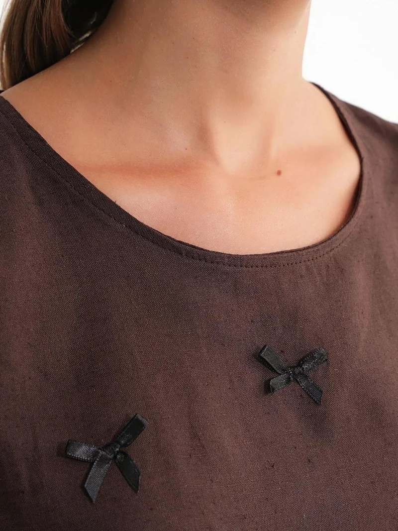 MixRay Coffee Brown Mixray Crew Neck Blouse with Bow Detail for Women | Best Price UAE