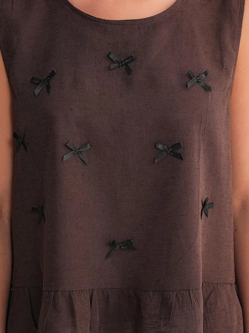 MixRay Coffee Brown Mixray Crew Neck Blouse with Bow Detail for Women | Best Price UAE