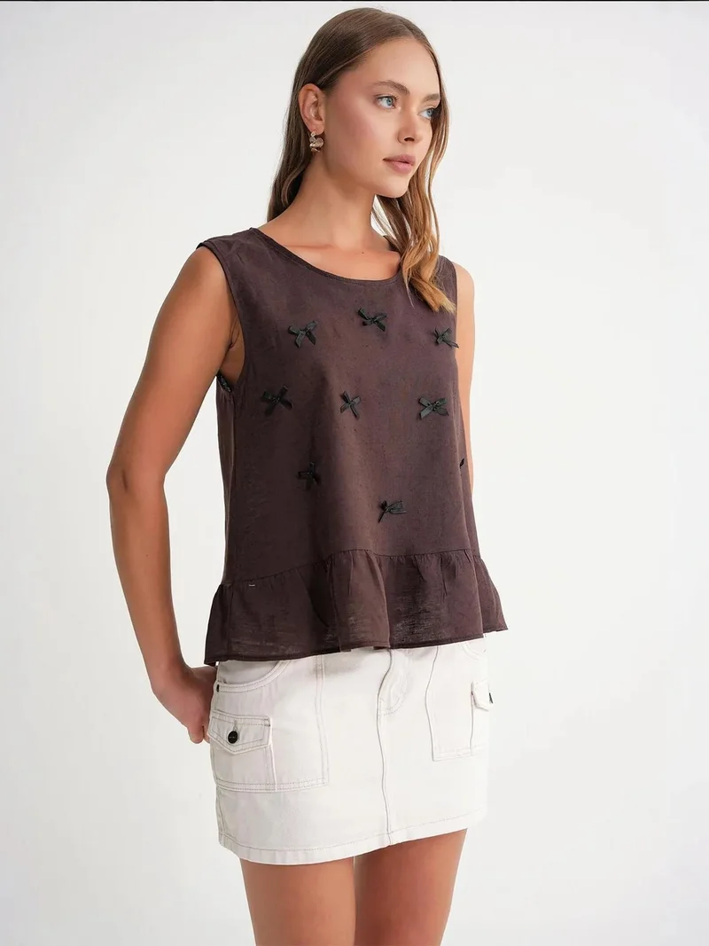 MixRay Coffee Brown Mixray Crew Neck Blouse with Bow Detail for Women | Best Price UAE