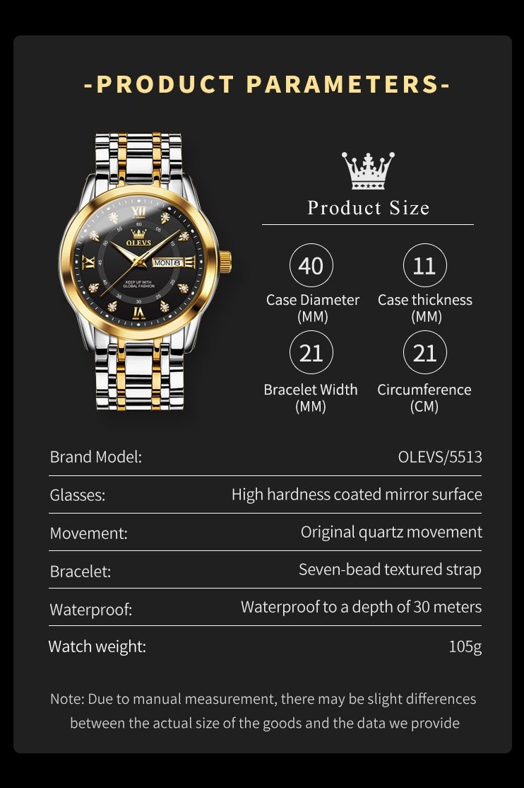 أوليفز ساعات OLEVS للرجال كلاسيكية أنالوج كوارتز من الفولاذ المقاوم للصدأ مقاومة للماء مضيئة بالتاريخ ساعة رجالية من الألماس - Image 5