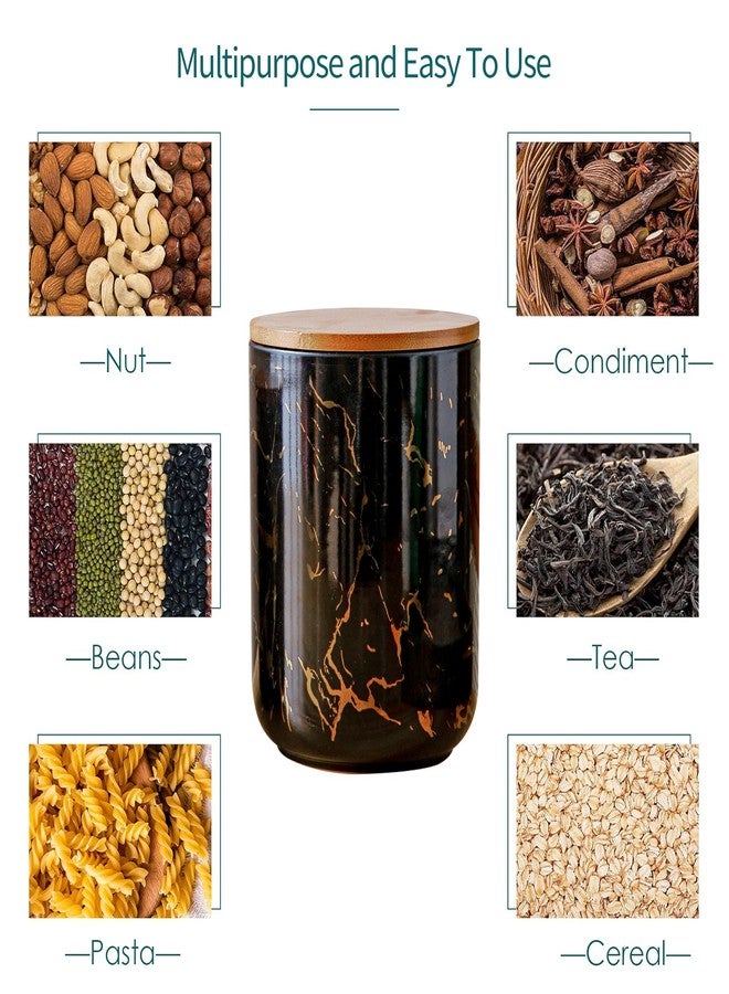 Tenforie Ceramic Canister Set with Bamboo Airtight Lids, 3-Piece Kitchen Storage Jars (48oz, 30oz, 12oz) - Black with Gold Marble Pattern, Glossy Finish, for Coffee, Sugar, Flour & More - Image 2
