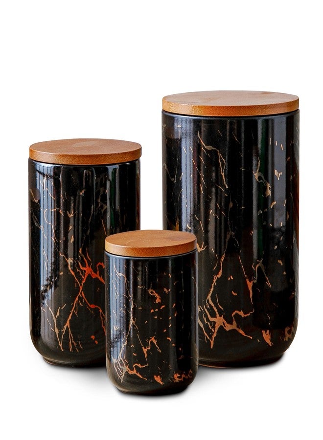 Tenforie Ceramic Canister Set with Bamboo Airtight Lids, 3-Piece Kitchen Storage Jars (48oz, 30oz, 12oz) - Black with Gold Marble Pattern, Glossy Finish, for Coffee, Sugar, Flour & More - Image 1