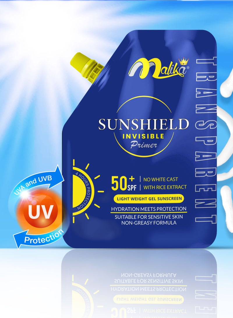 Malika Instant Malika Sunshield Invisible Transparent primer Sunblock - Sunscreen - Primer - Sun Block - 2 In 1 - Sun Screen - Primer Makeup - Skin Hydrating And UV Protection - Sunblock For Oily Skin - Sunscreen For Oily Skin - 50+ SPF - Primer For Oily Skin - Image 1