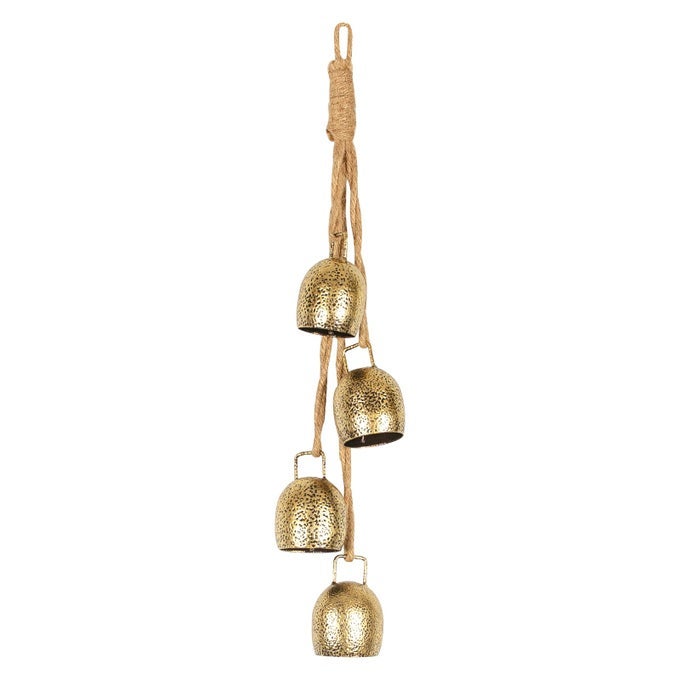 CHRISTMAS DECORATION BELLS JUTE ROPE METAL DECORATIVE COWBELLS 4PIECE HARMONIOUS BELL SET BRASS VINTAGE HANDMADE COUNTRYSTYLE CHRISTMAS AUSPICIOUS COWBELLS