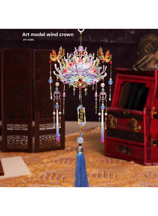 Art Model Phoenix Crown 3D Three-dimensional Puzzle Metal Assembled Model Handmade DIY Material Car Pendant Gift For Girlfriend-Color:Qingluan + Lanyard + Sycamore Bracket + Lamp - Image 5