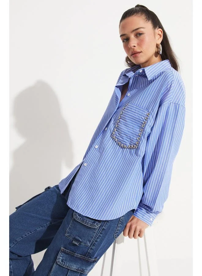 JUNE June Striped Pmauk Blend Shirt Blue